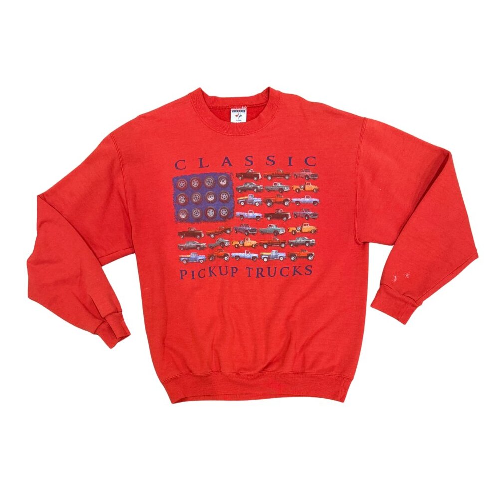 Vintage 90s Red Pickup Truck American Flag Crewneck Sweatshirt Size Medium